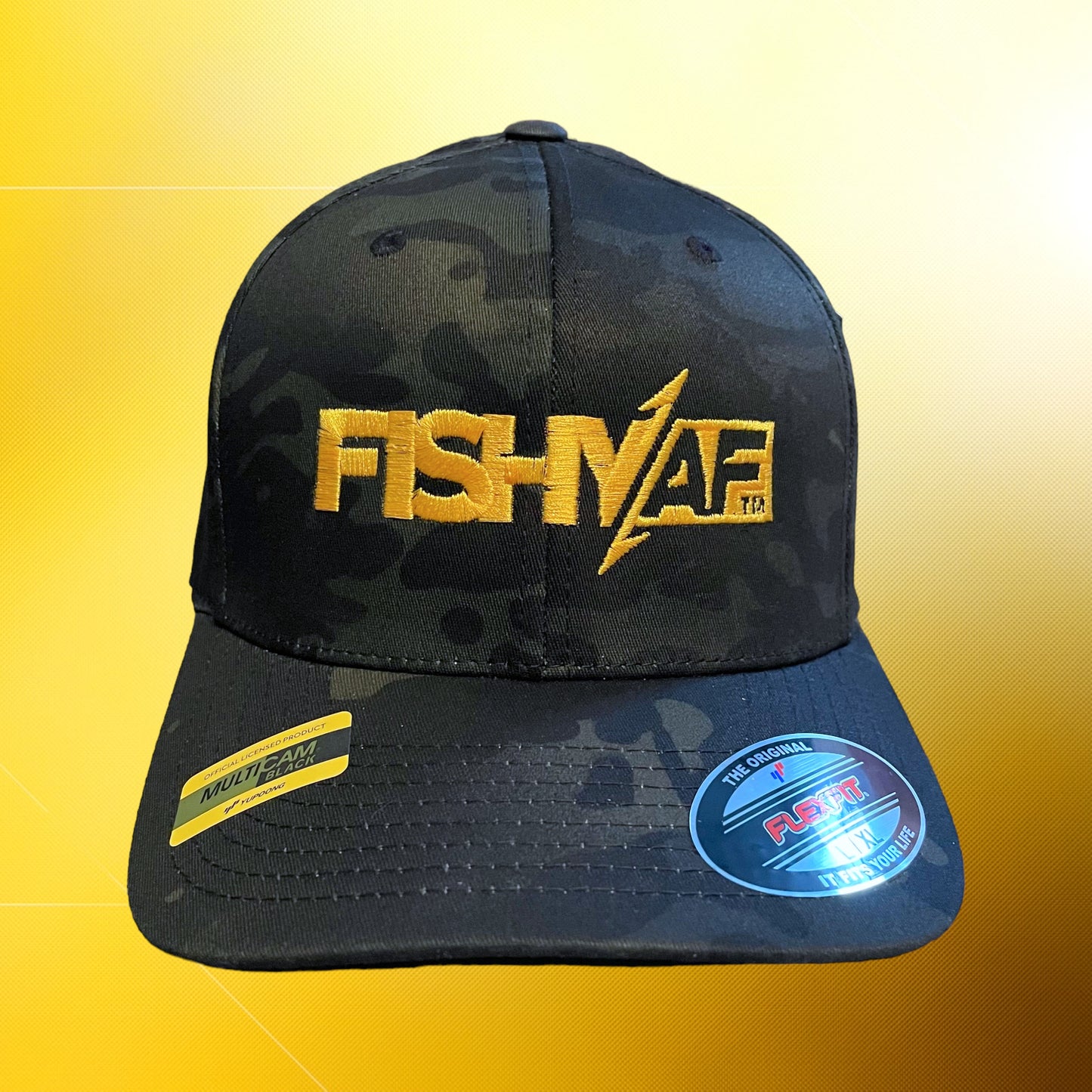 FishyAF Logo Flexfit Fitted Hat - Black Camo/Yellow