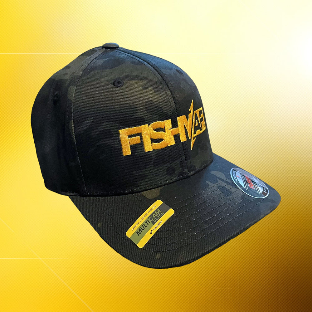 FishyAF Logo Flexfit Fitted Hat - Black Camo/Yellow