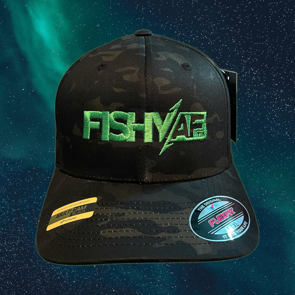 FishyAF Logo Flexfit Fitted Hat - Black Camo/Green