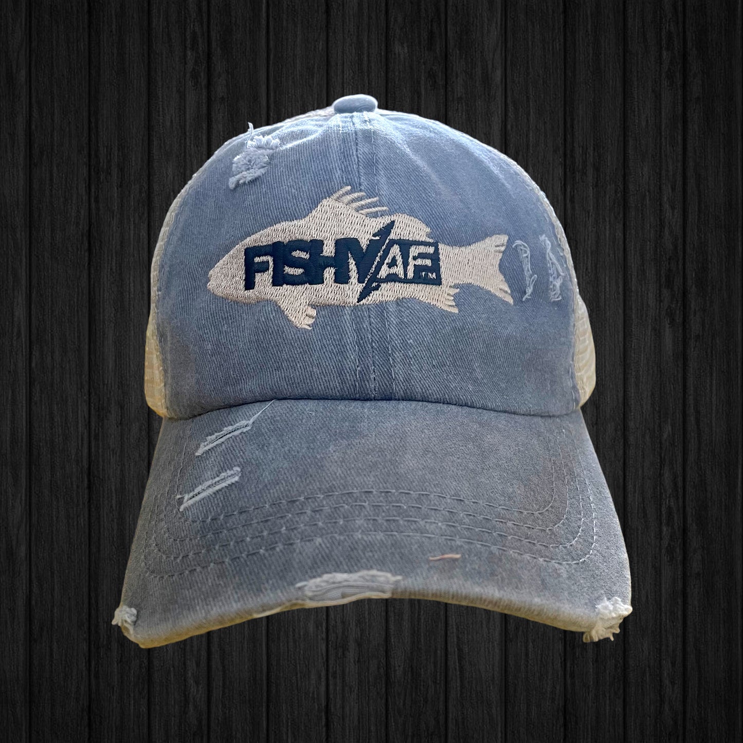 Ladies Silhouette Distressed Ponytail Hat - Khaki/Blue