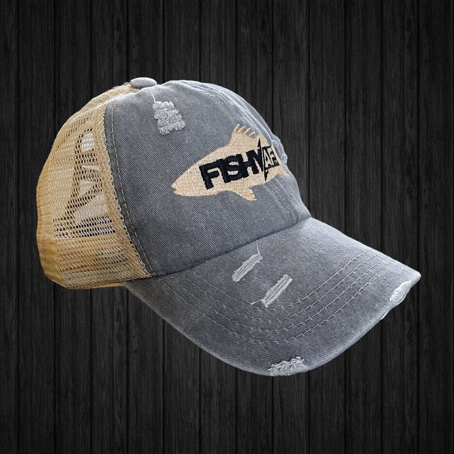 Ladies Silhouette Distressed Ponytail Hat - Khaki/Blue
