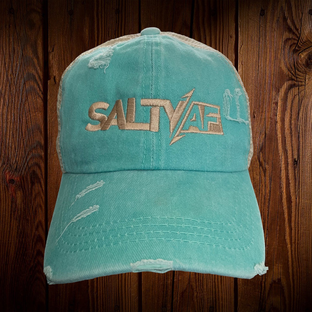 Ladies SaltyAF Distressed Ponytail Hat - Khaki/Teal