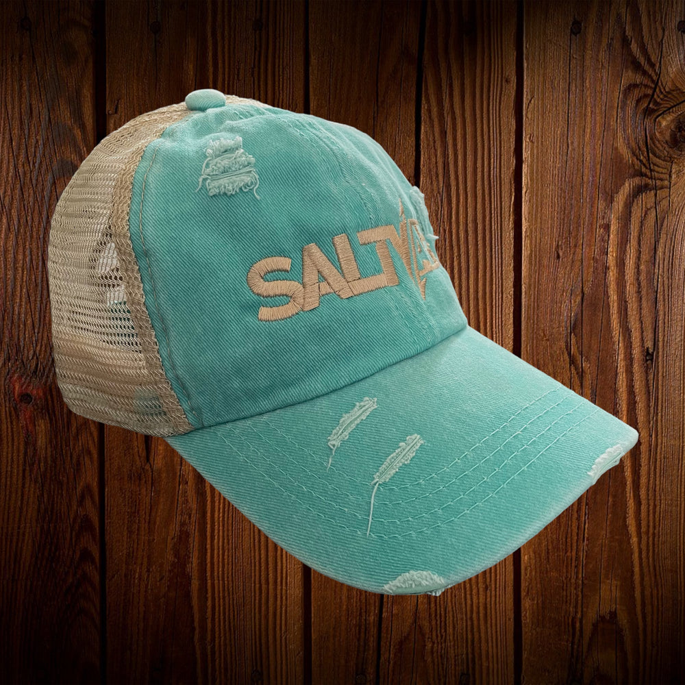 Ladies SaltyAF Distressed Ponytail Hat - Khaki/Teal