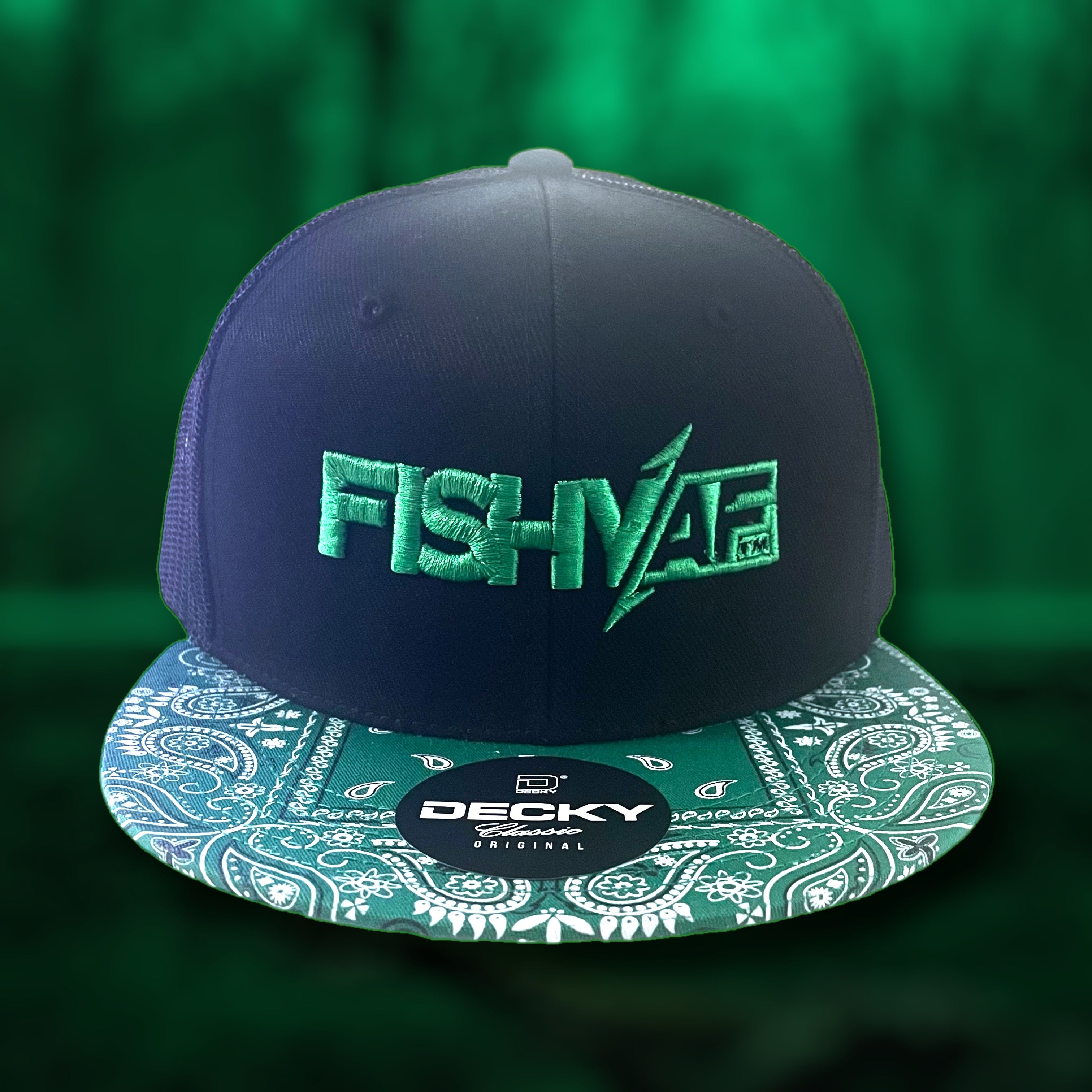 スリーウェザー Fish フィッシュ バンブースキン やや美品 3D FishyAF Logo Flat Brim Snapback - Green Bandana