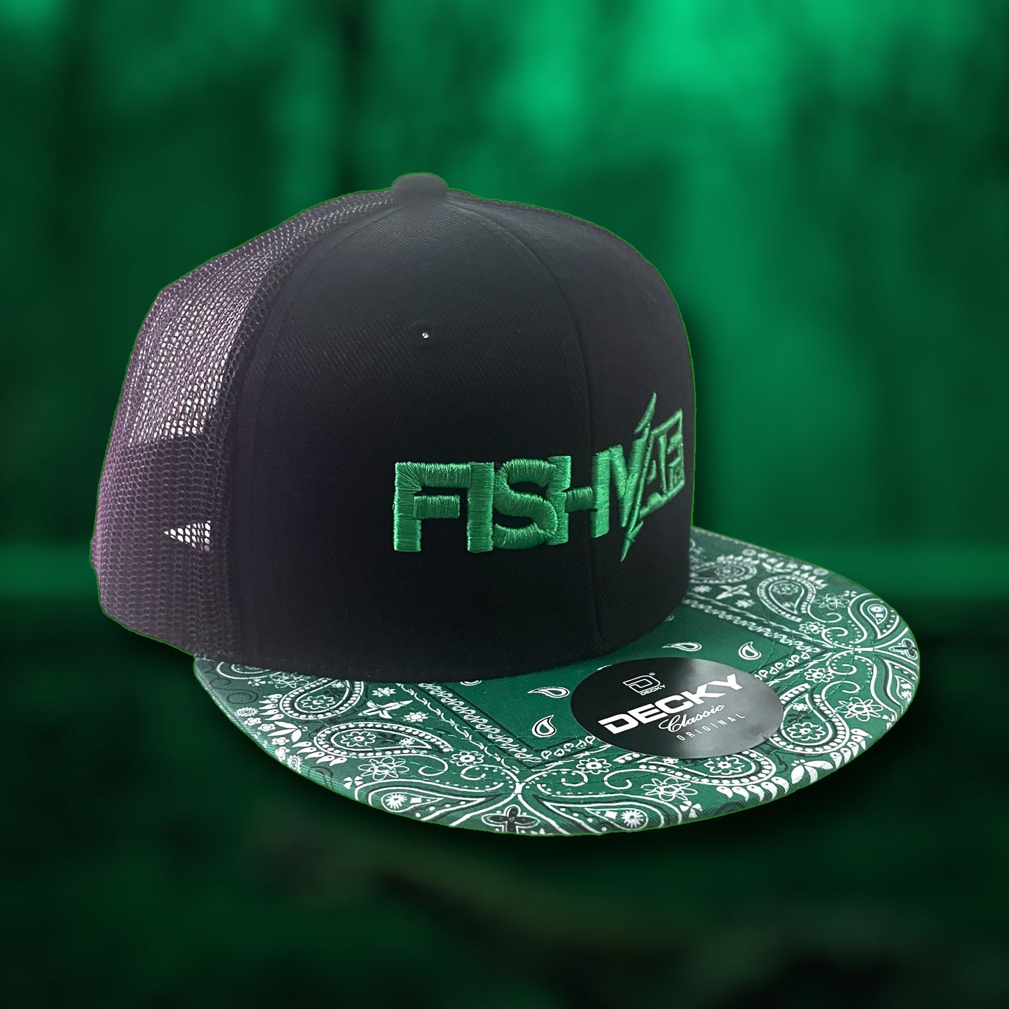 3D FishyAF Logo Flat Brim Snapback - Green Bandana