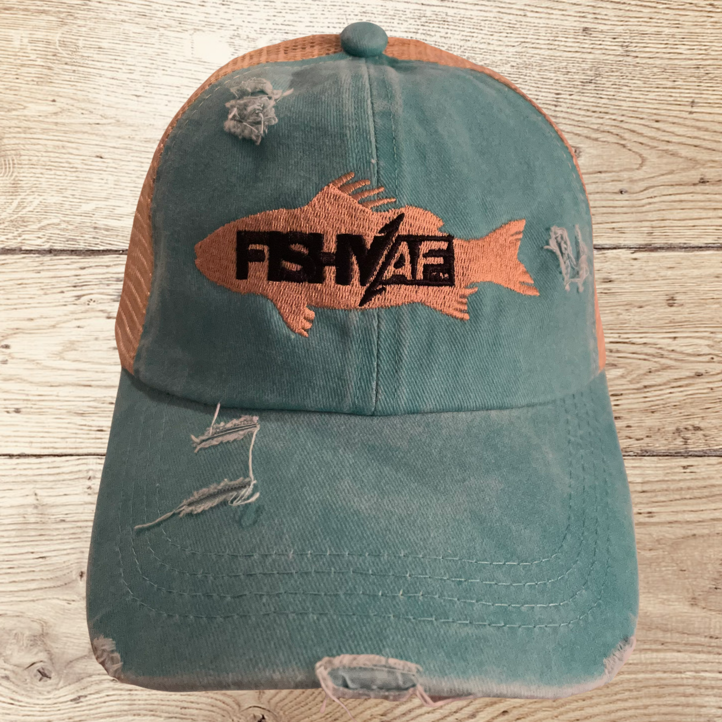 Ladies Silhouette Distressed Ponytail Hat - Khaki/Teal