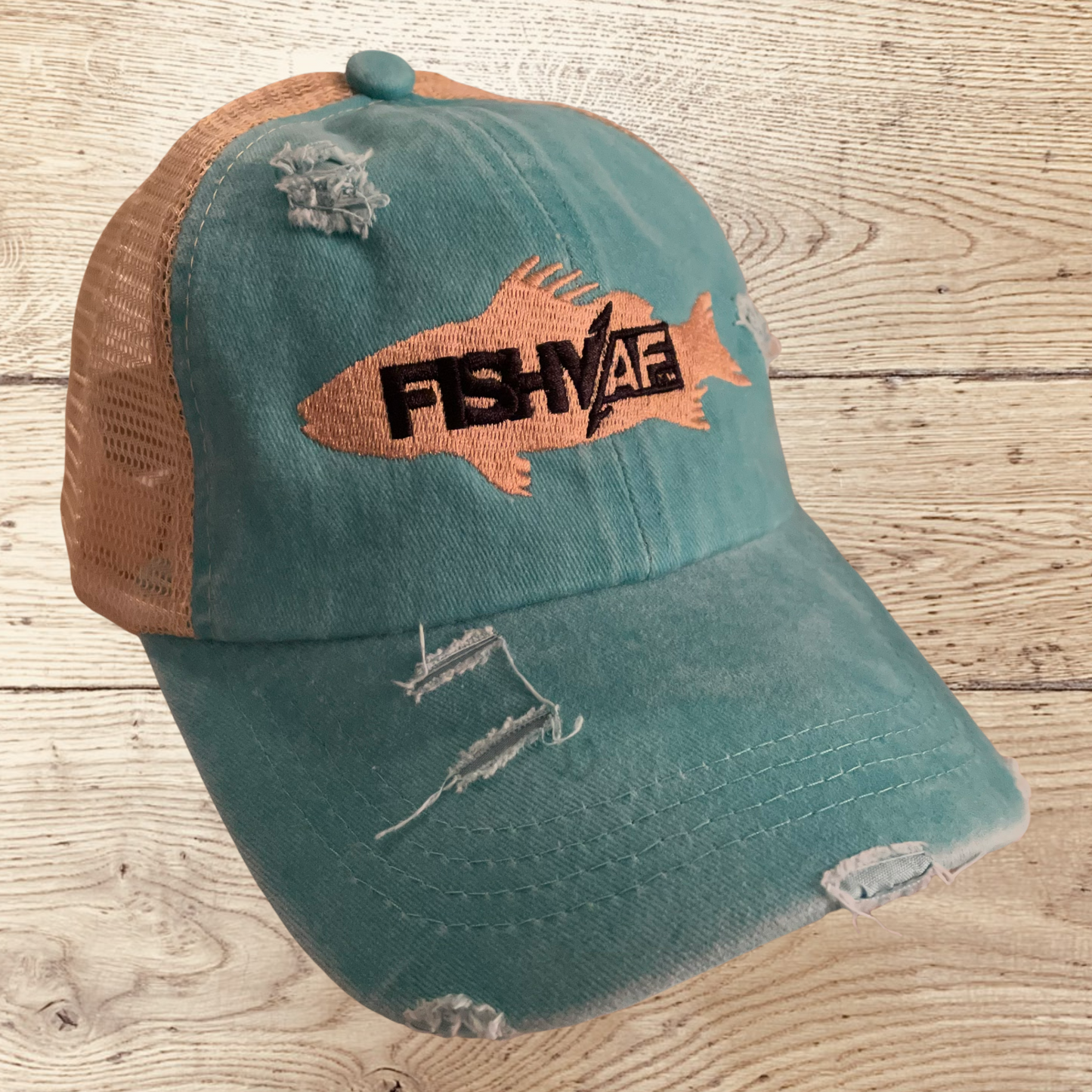 Ladies Silhouette Distressed Ponytail Hat - Khaki/Teal