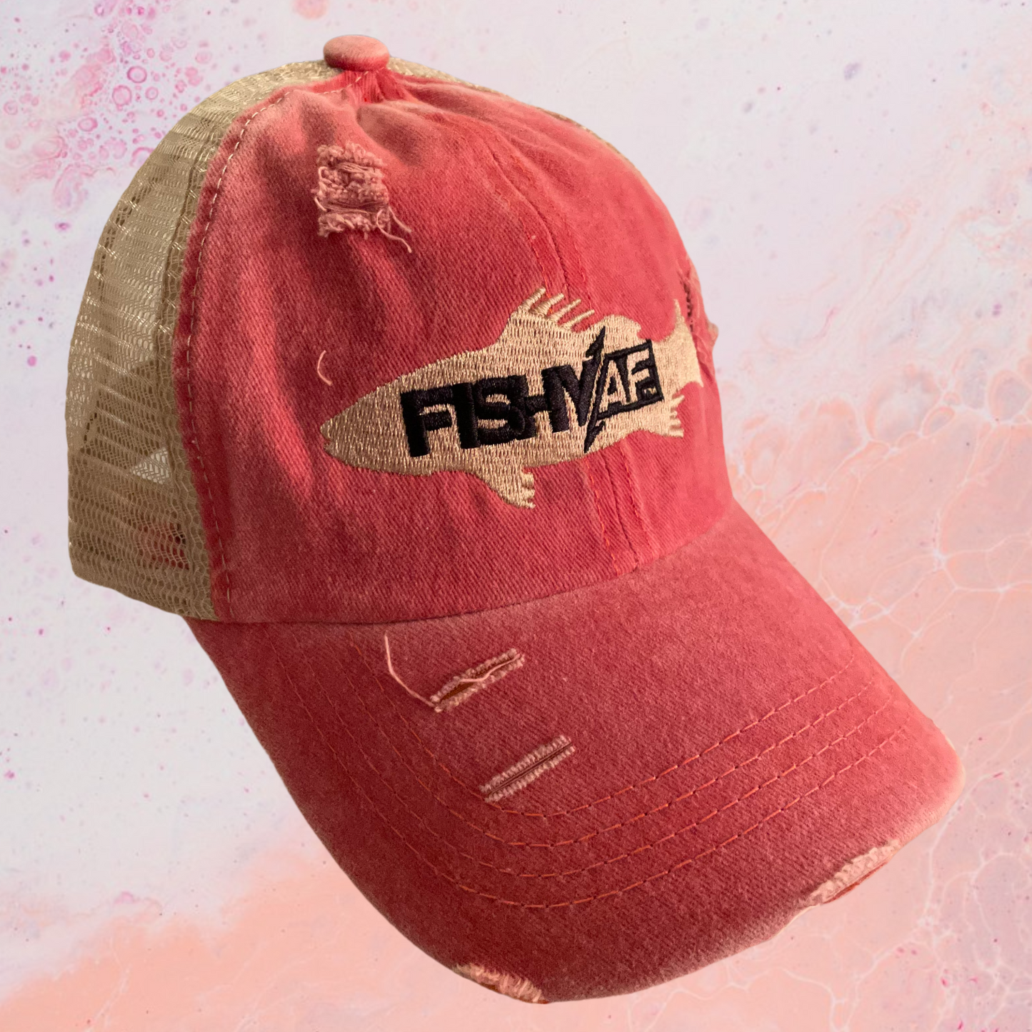 Ladies Silhouette Distressed Ponytail Hat - Khaki/Coral