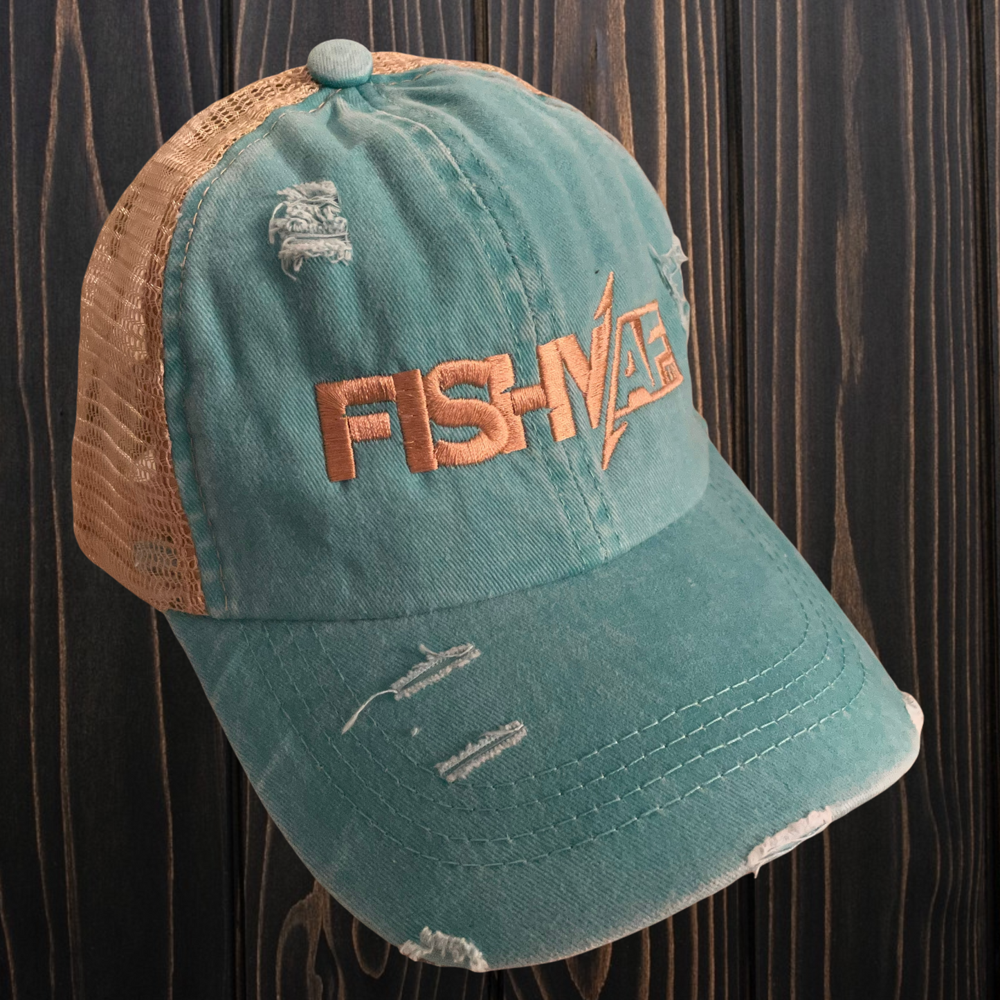 Ladies FishyAF Distressed Ponytail Hat - Khaki/Teal