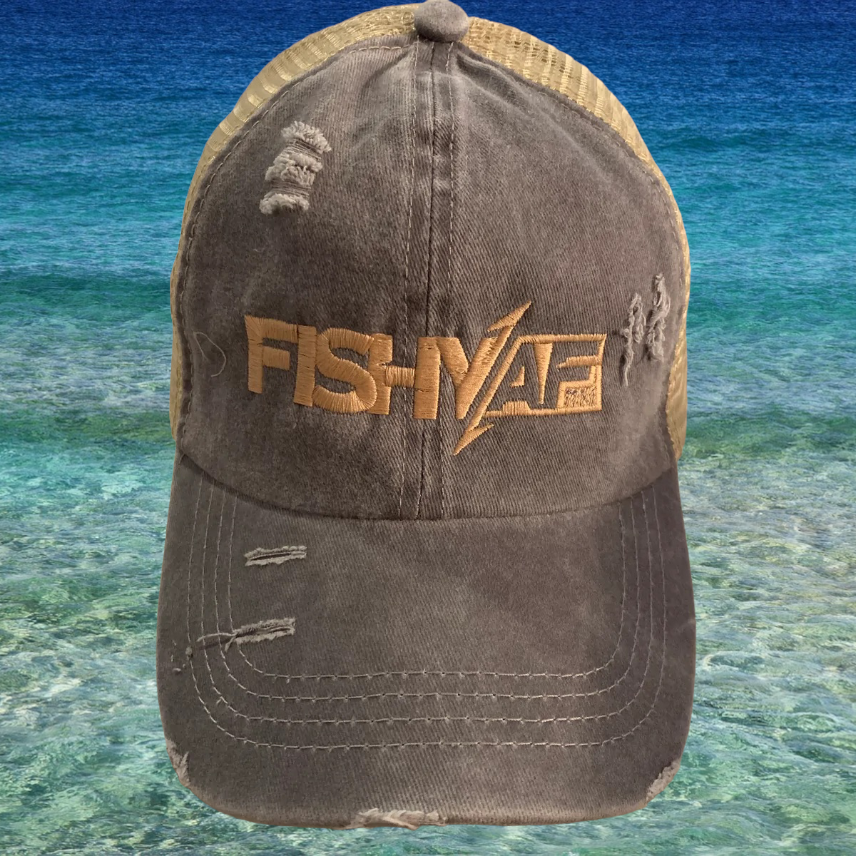 Ladies FishyAF Distressed Ponytail Hat - Khaki/Blue