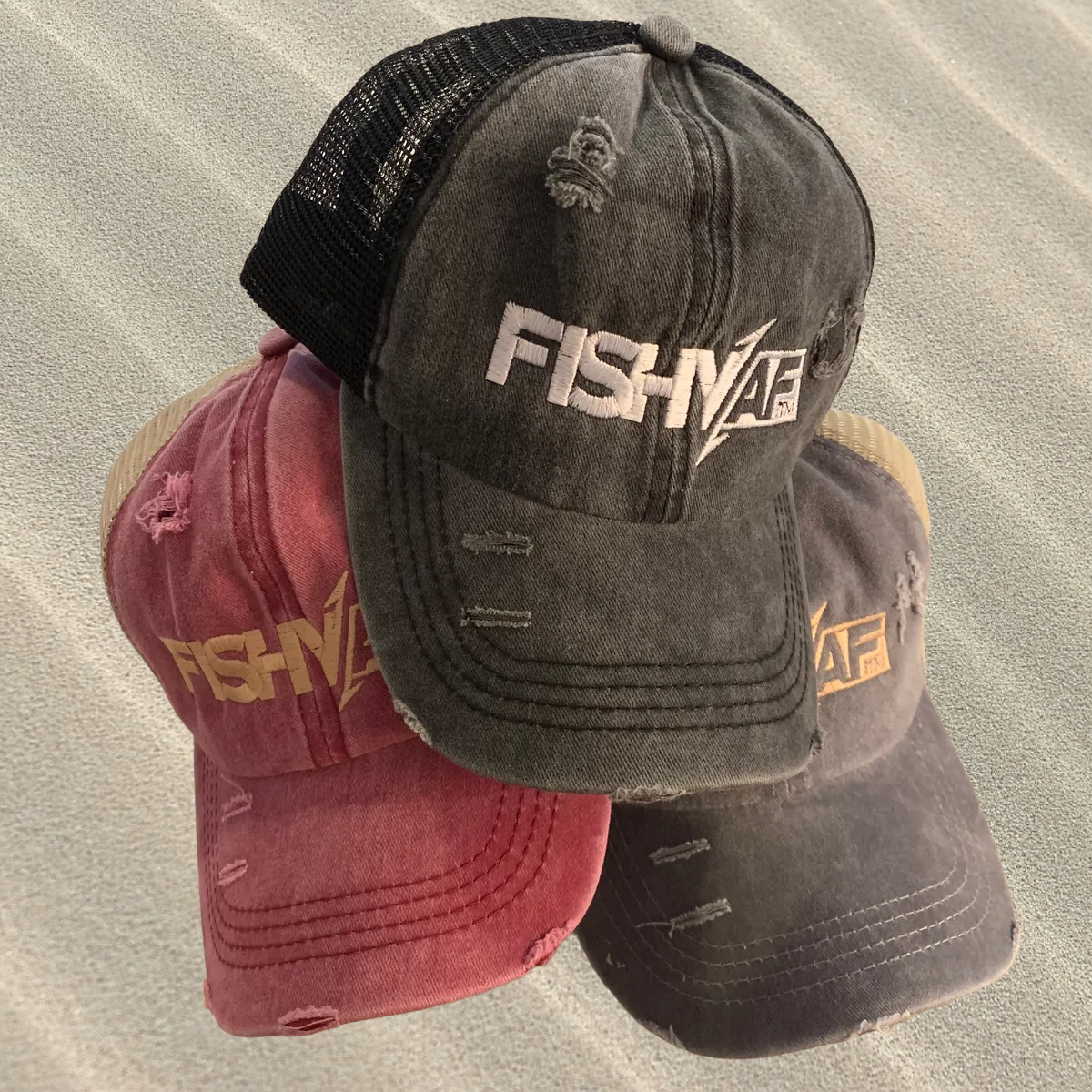 Ladies FishyAF Distressed Ponytail Hat - Khaki/Wine