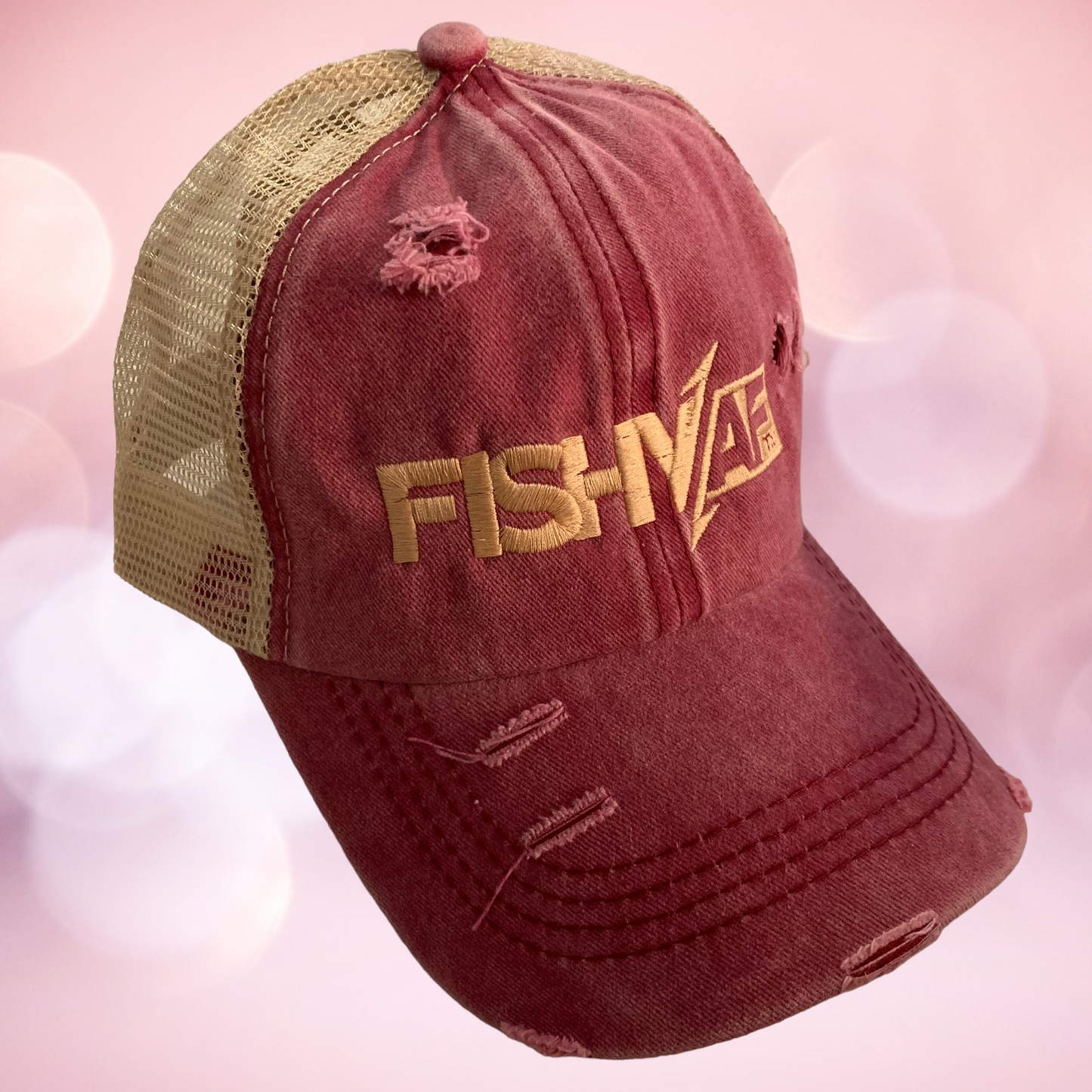 Ladies FishyAF Distressed Ponytail Hat - Khaki/Wine