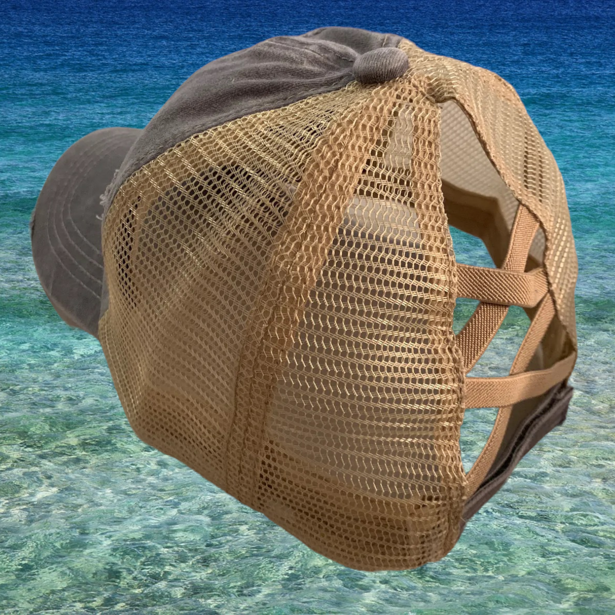 Ladies FishyAF Distressed Ponytail Hat - Khaki/Blue