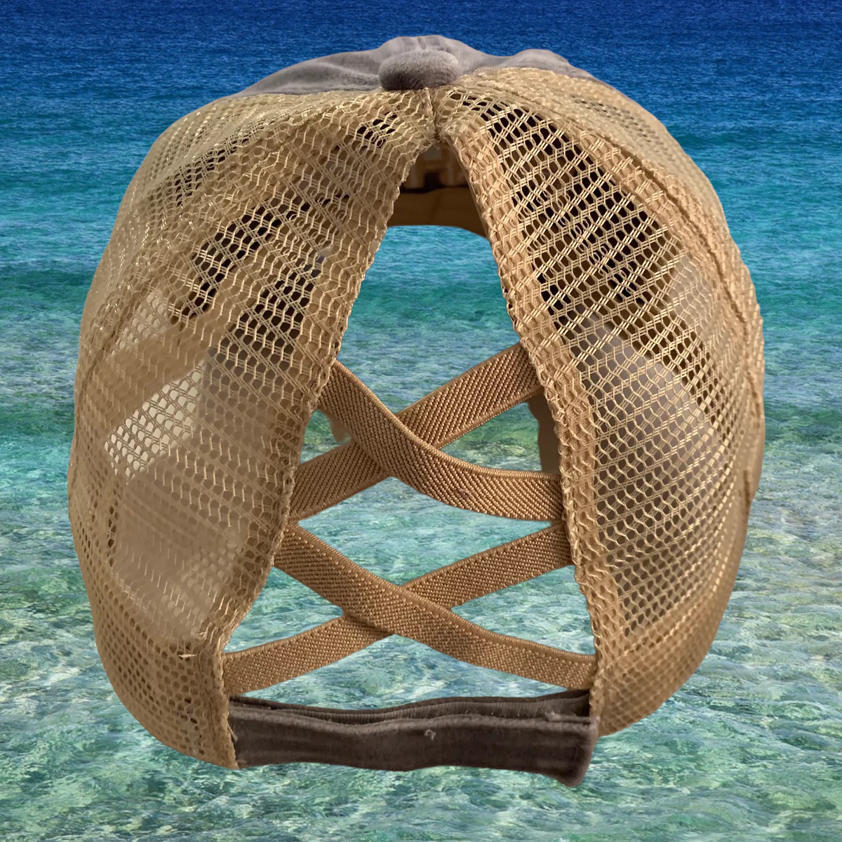 Ladies FishyAF Distressed Ponytail Hat - Khaki/Blue
