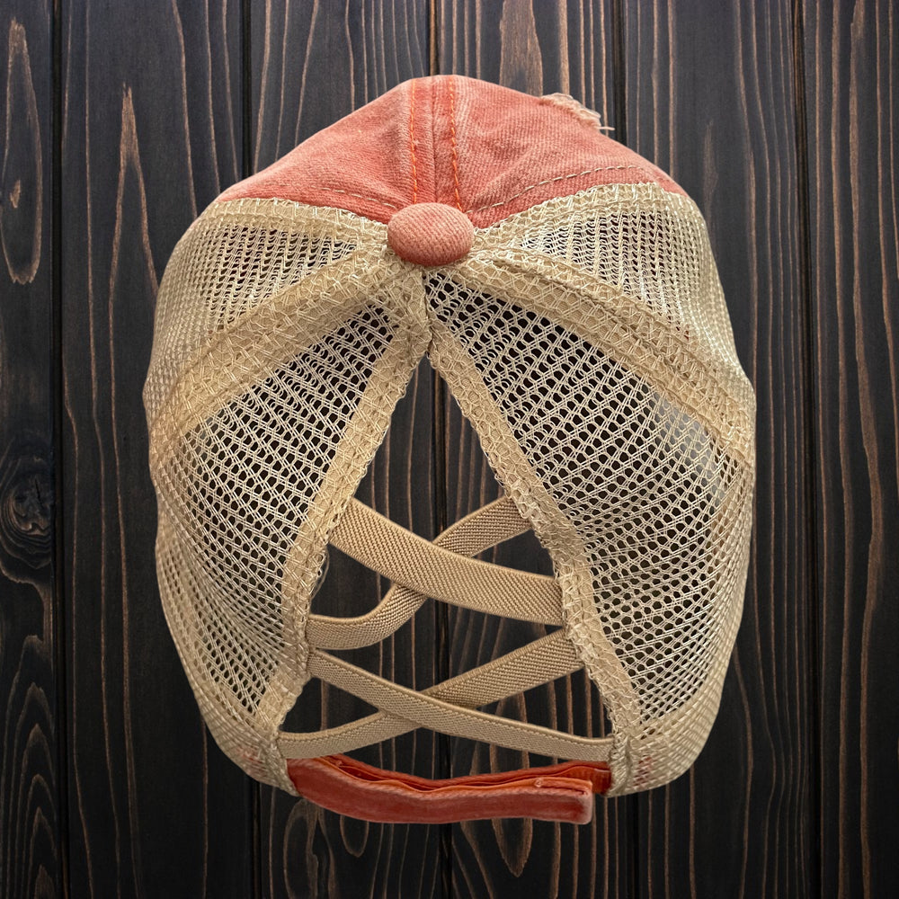 
                      
                        Ladies SaltyAF Distressed Ponytail Hat - Khaki/Coral
                      
                    