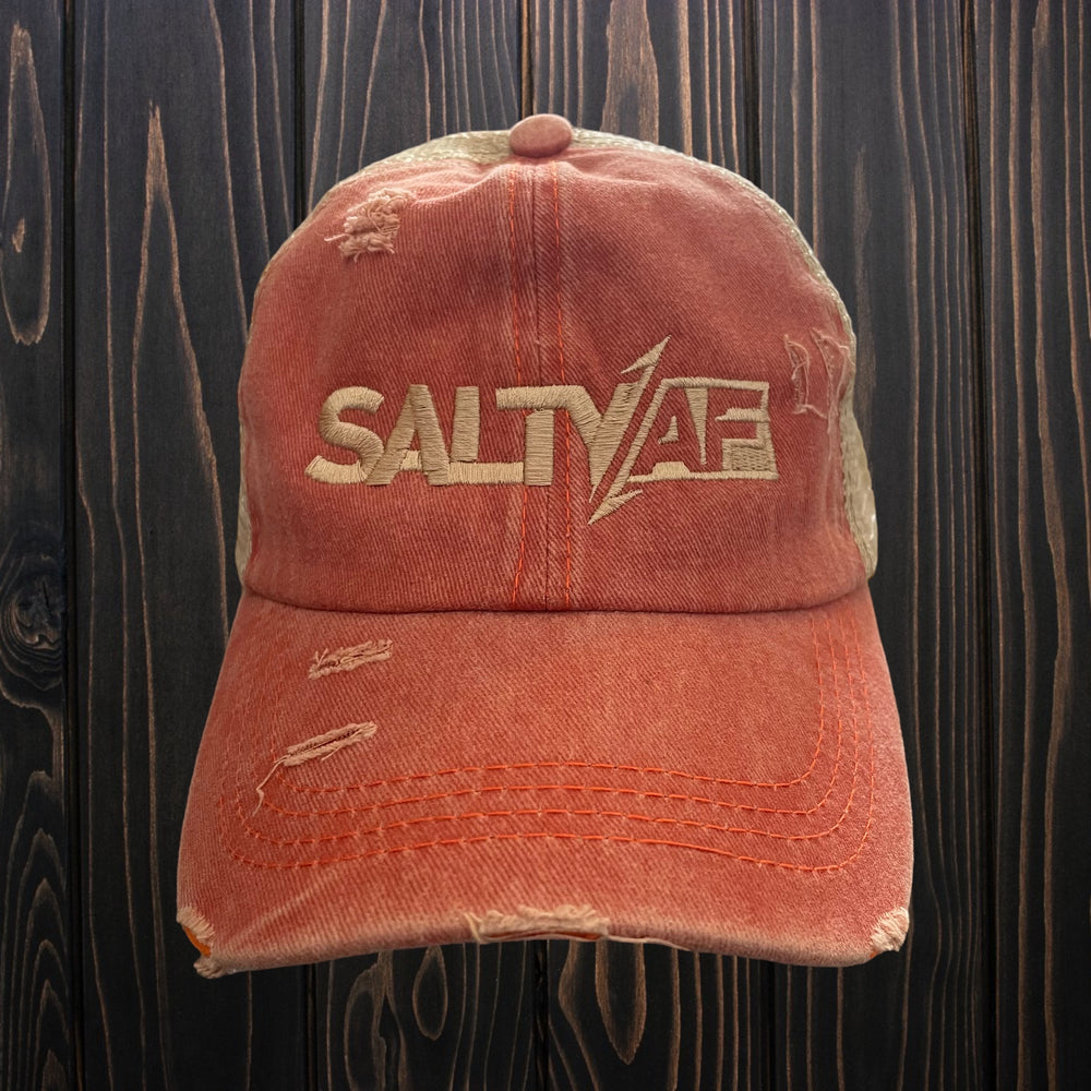 Ladies SaltyAF Distressed Ponytail Hat - Khaki/Coral