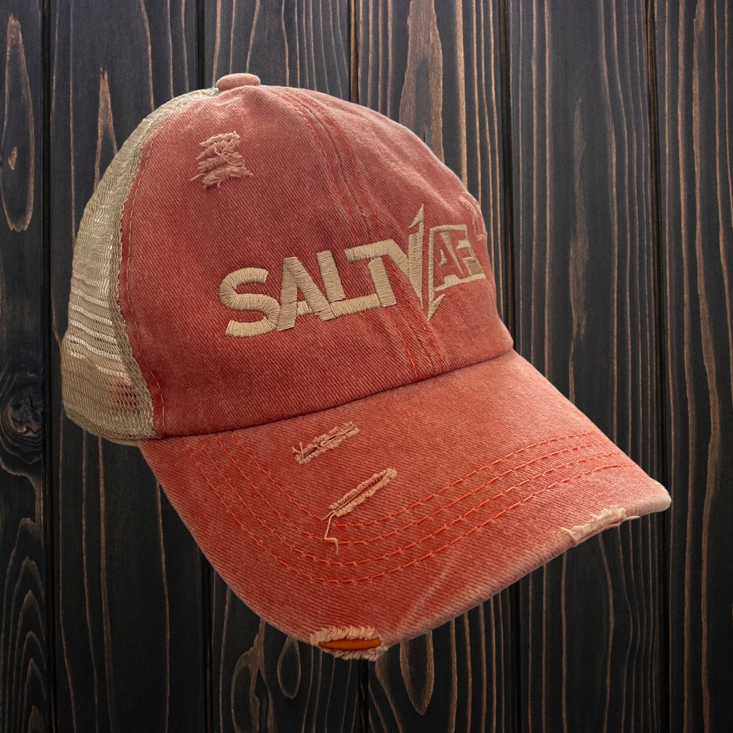 Ladies SaltyAF Distressed Ponytail Hat - Khaki/Coral