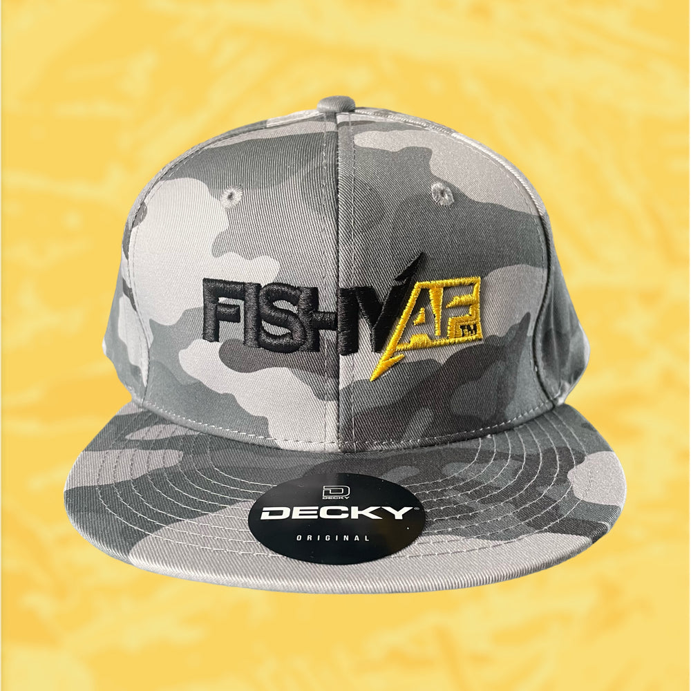 3D FishyAF Two-Toned Logo Flat Brim Snapback - Grey Camo/Yellow