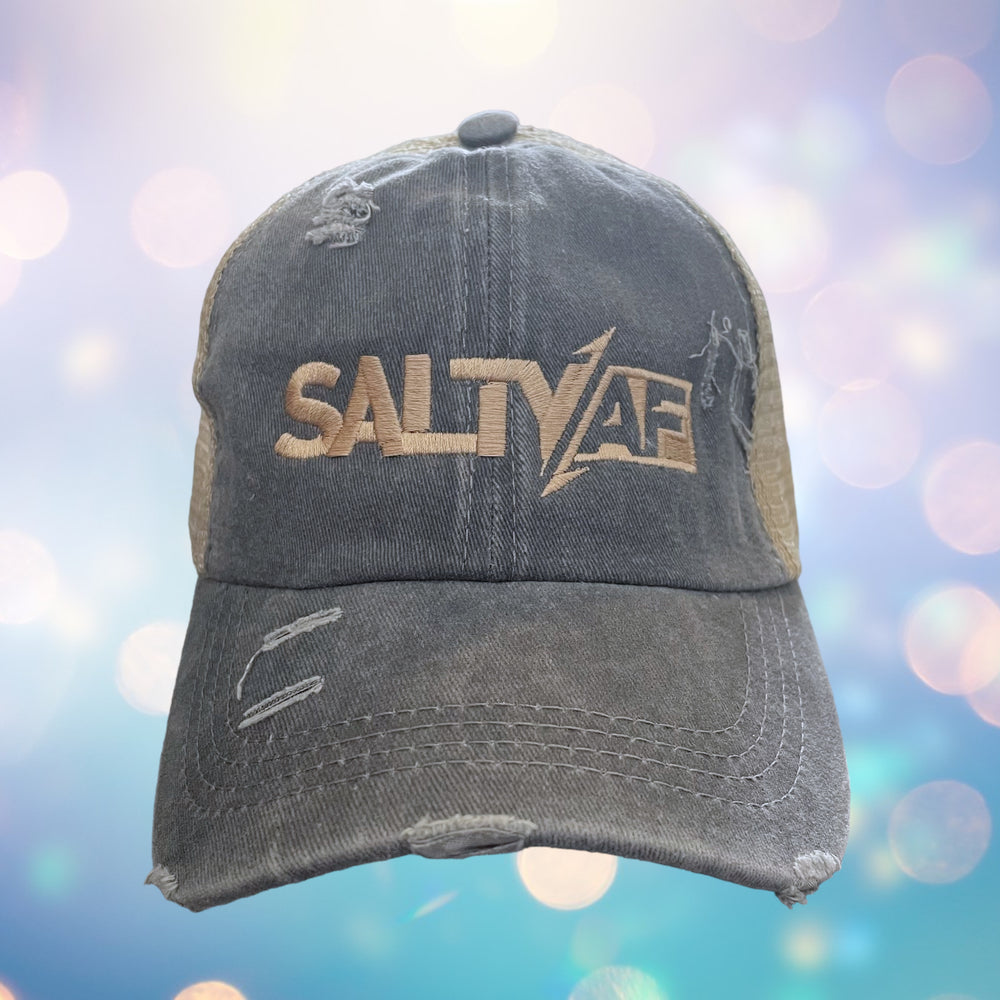 Ladies SaltyAF Distressed Ponytail Hat - Khaki/Blue