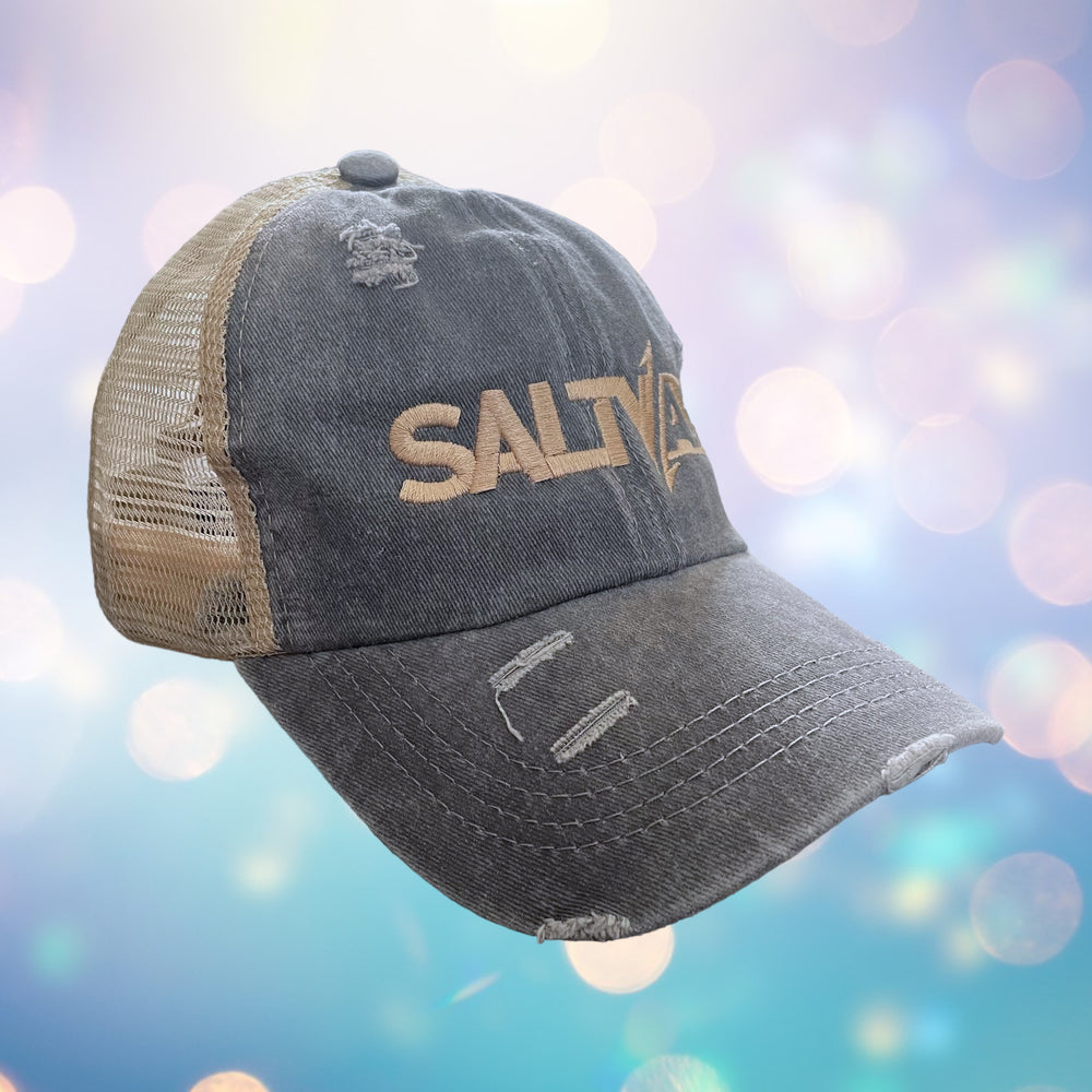 Ladies SaltyAF Distressed Ponytail Hat - Khaki/Blue