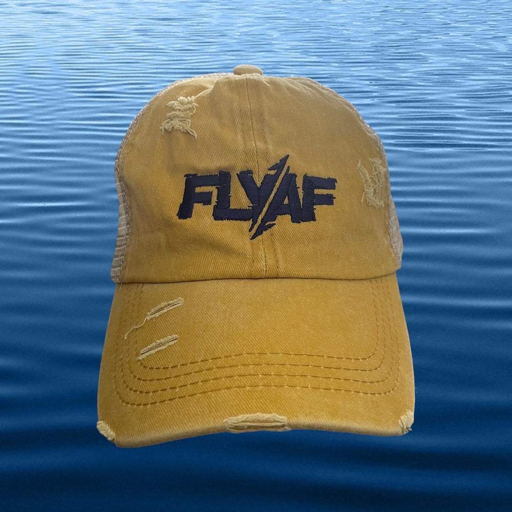 Ladies FlyAF Distressed Ponytail Hat - Sunflower/Navy