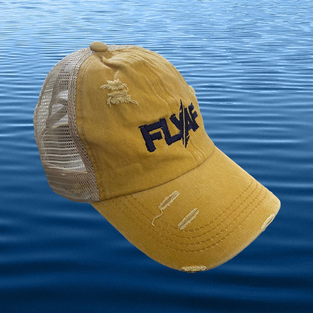 Ladies FlyAF Distressed Ponytail Hat - Sunflower/Navy