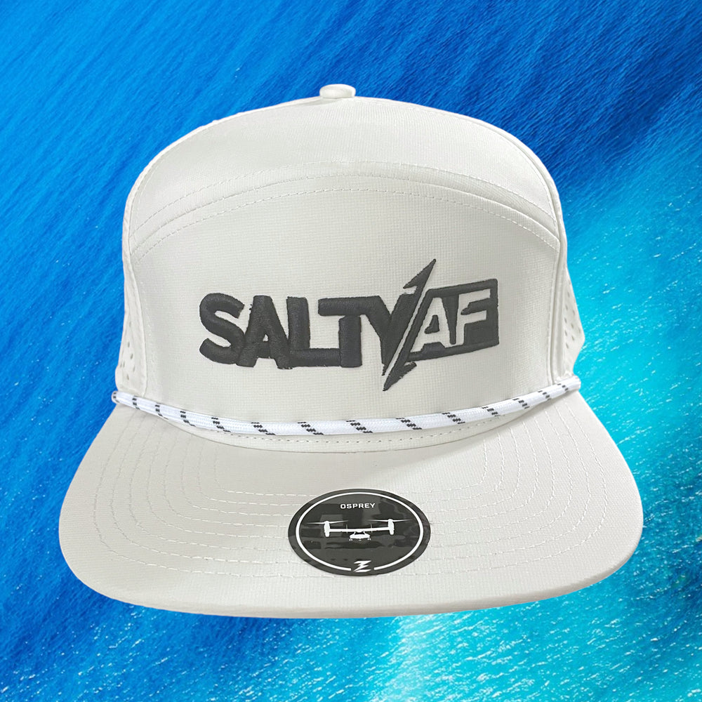 3D SaltyAF Logo 7 Panel Flat Brim Rope Snapback - White/Black