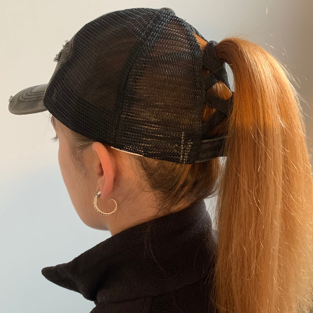 Ladies Silhouette Distressed Ponytail Hat - Khaki/Coral