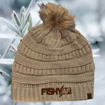 Ladies Premium Cable Knit Faux Fur Pom Hat - Khaki
