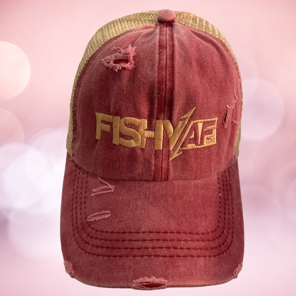 Ladies FishyAF Distressed Ponytail Hat - Khaki/Wine