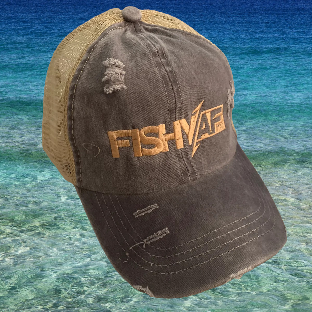 Ladies FishyAF Distressed Ponytail Hat - Khaki/Blue